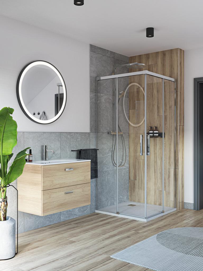 Minimalistyczna łazienka z białą i szarą paletą kolorów i drewnianymi detalami