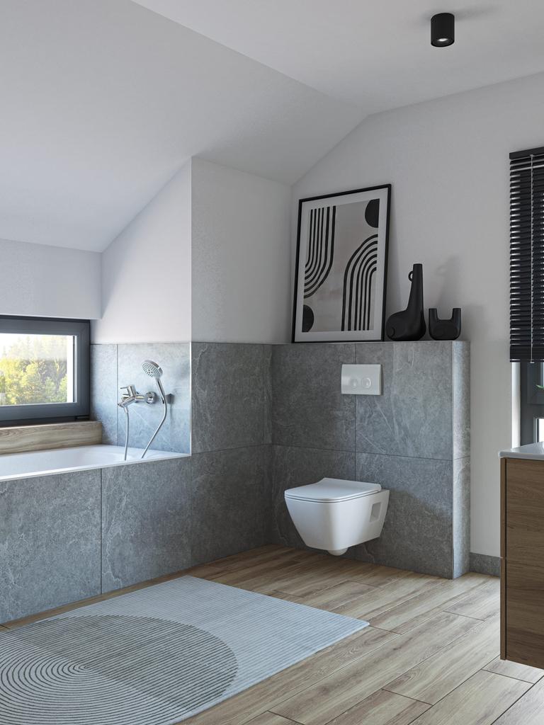 Minimalistyczna łazienka z białą i szarą paletą kolorów i drewnianymi detalami