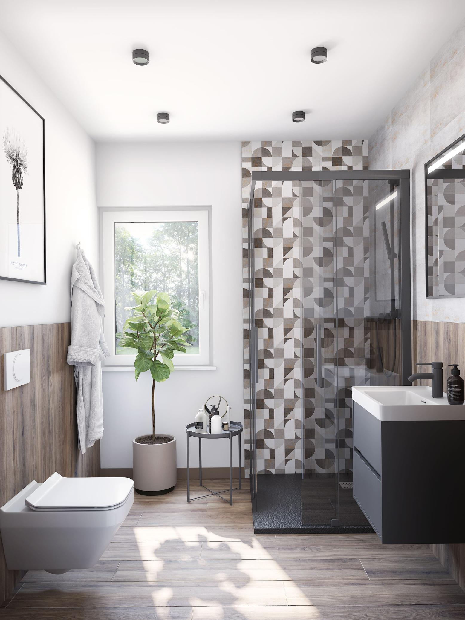 Łazienka w kolorze białym i brązowym z nowoczesnym wyposażeniem