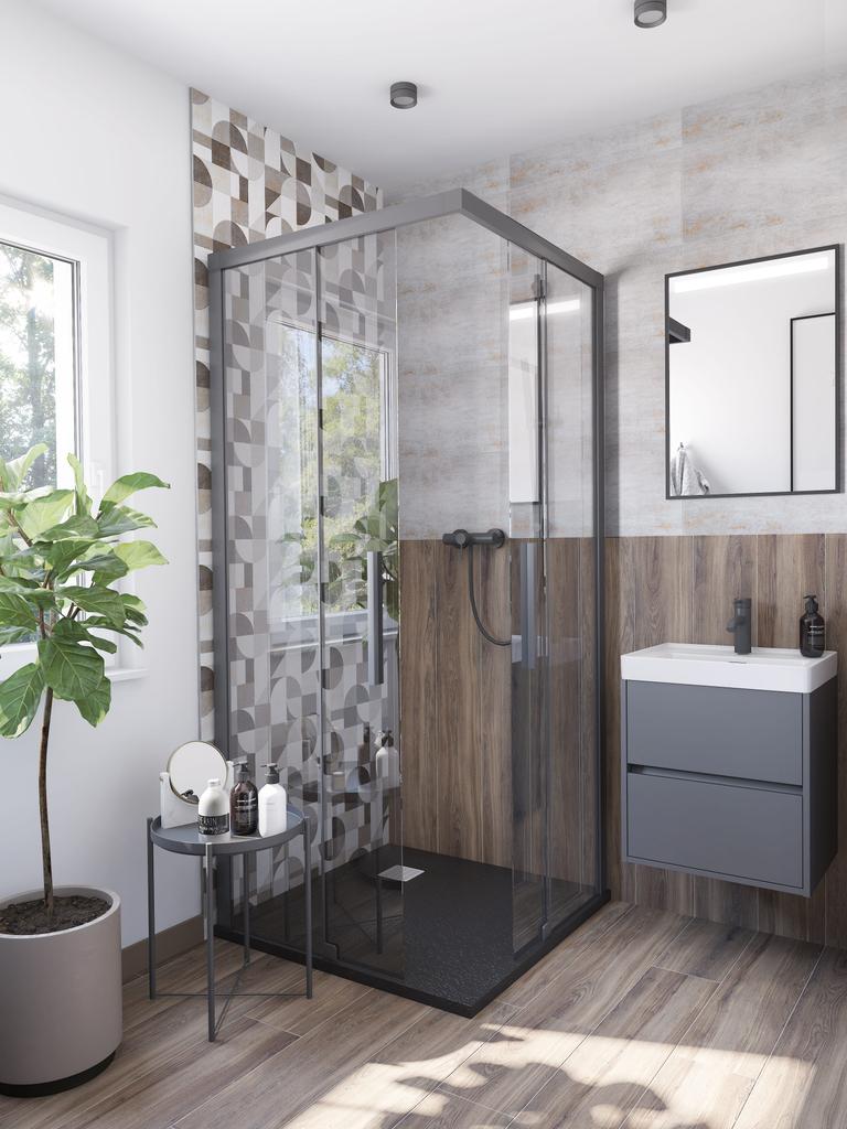 Łazienka w kolorze białym i brązowym z nowoczesnym wyposażeniem