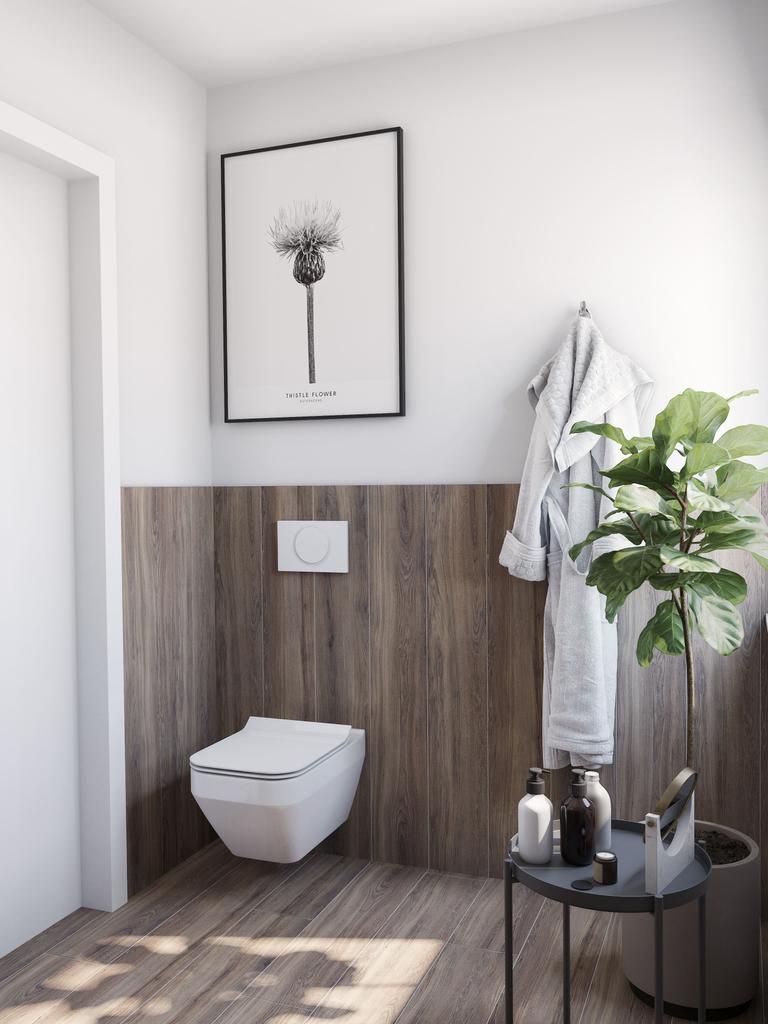 Łazienka w kolorze białym i brązowym z nowoczesnym wyposażeniem