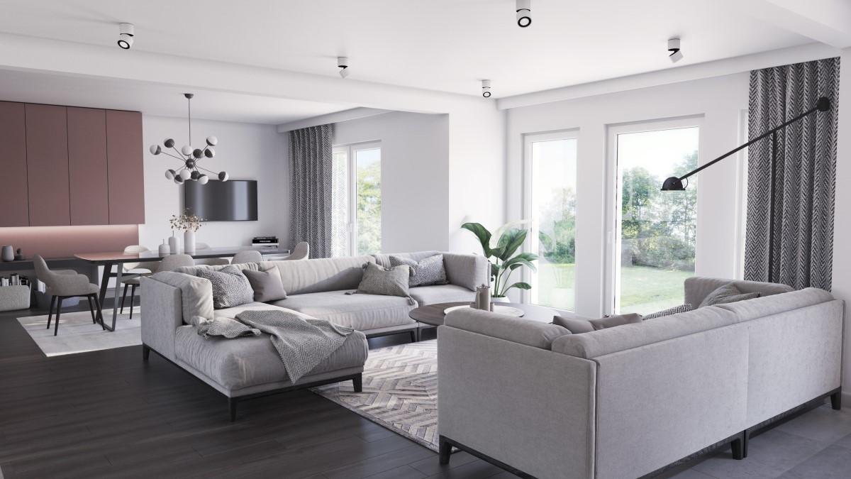 Nowoczesna jadalnia z minimalistycznym wyposażeniem i drewnianą podłogą