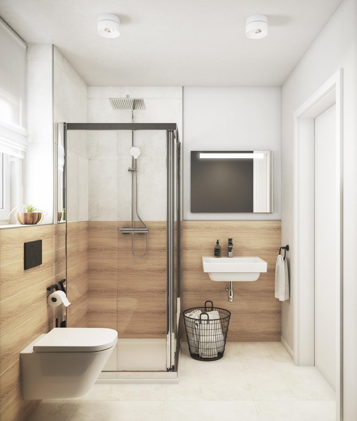 Łazienka dla gości z jasnymi drewnianymi płytkami, jasną podłogą i ciemną grafitową ścianą