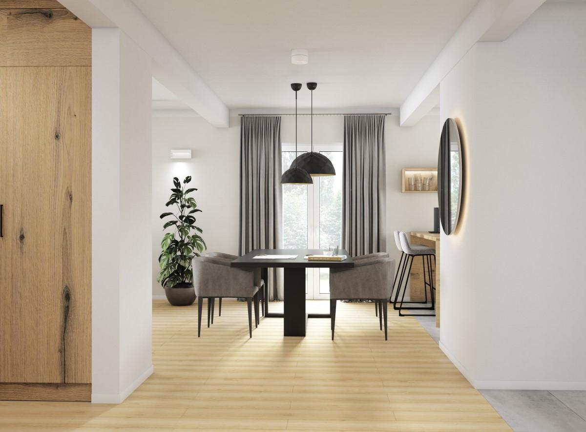 Elegancka strefa dzienna z białymi ścianami i jasną drewnianą podłogą