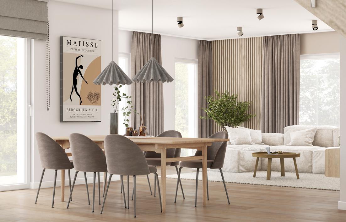 Jasny wystrój strefy dziennej w ciepłych, naturalnych odcieniach