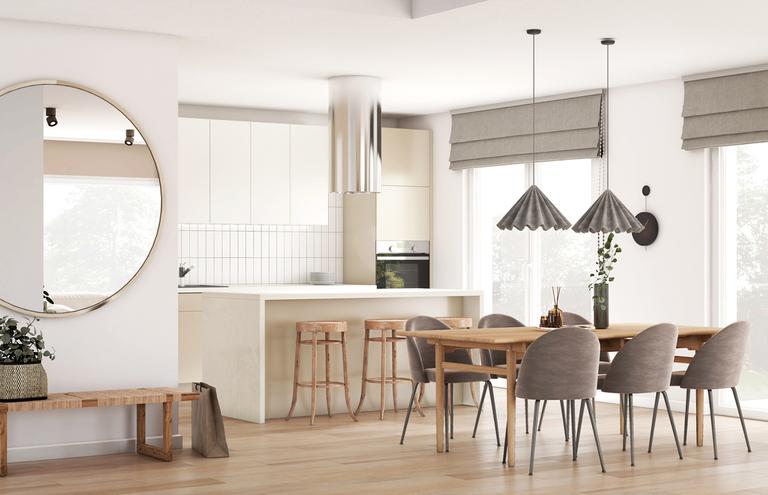 Jasny wystrój strefy dziennej w ciepłych, naturalnych odcieniach