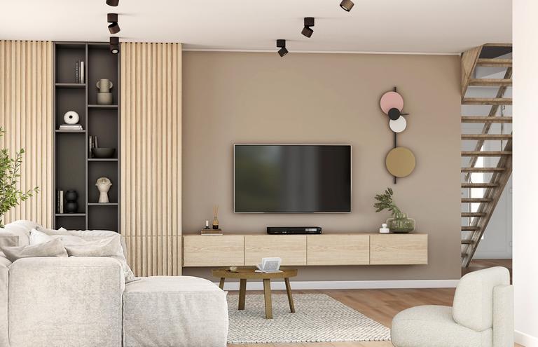 Jasny wystrój strefy dziennej w ciepłych, naturalnych odcieniach