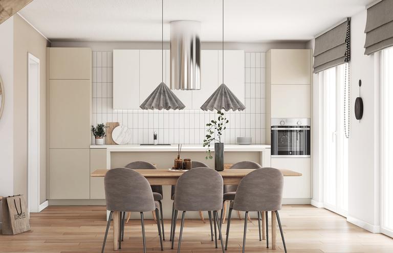 Jasny wystrój strefy dziennej w ciepłych, naturalnych odcieniach