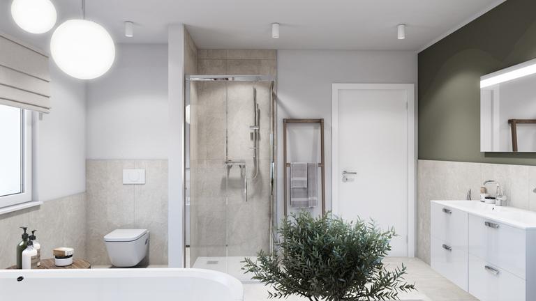 Minimalistyczna łazienka z płytkami w kolorze jasnego betonu i drewnianymi dodatkami