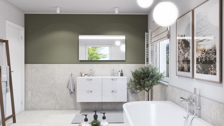 Minimalistyczna łazienka z płytkami w kolorze jasnego betonu i drewnianymi dodatkami