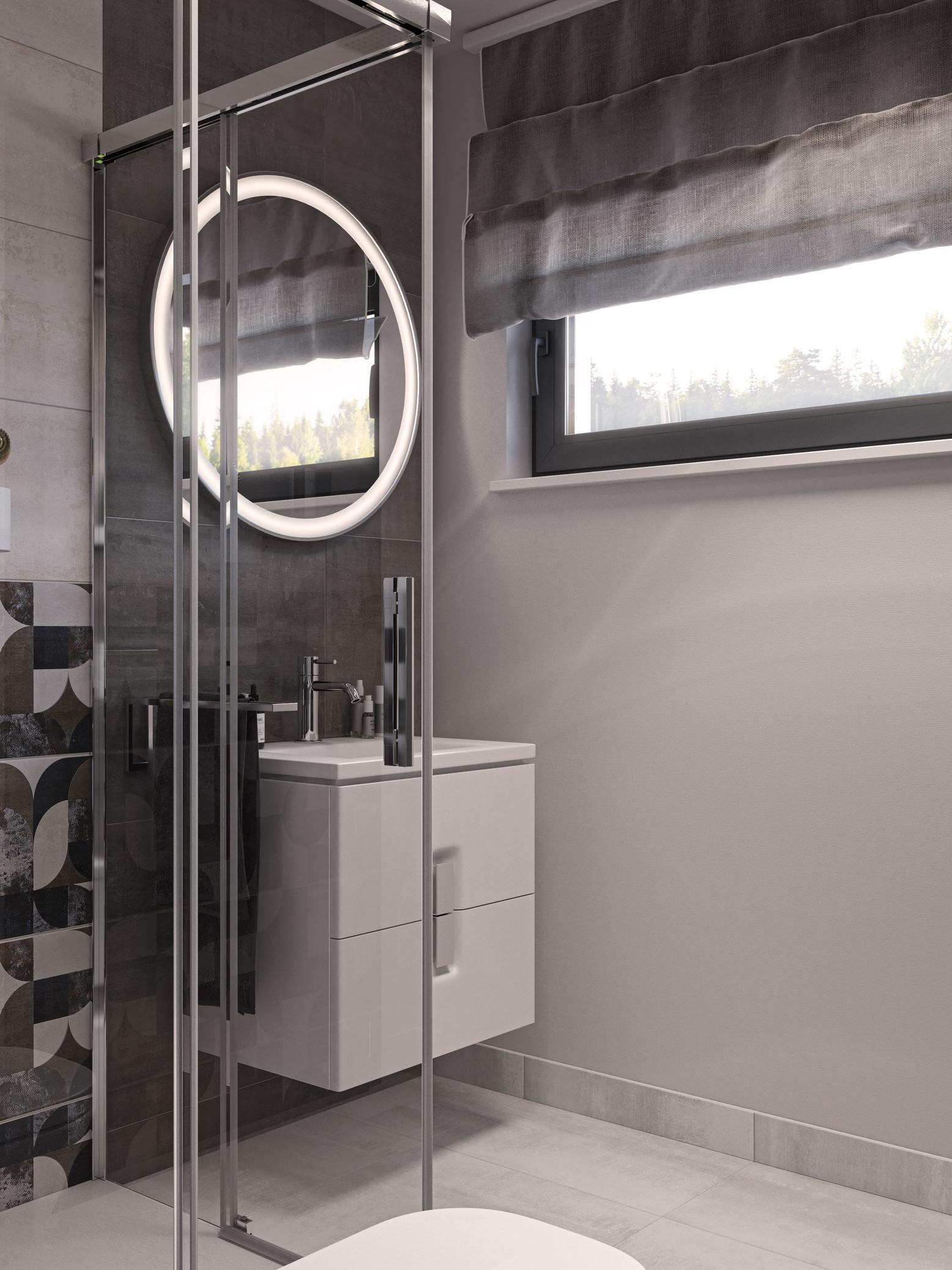 Nowoczesna łazienka w kolorze białym i szarym z geometrycznym wzorem w kabinie prysznicowej