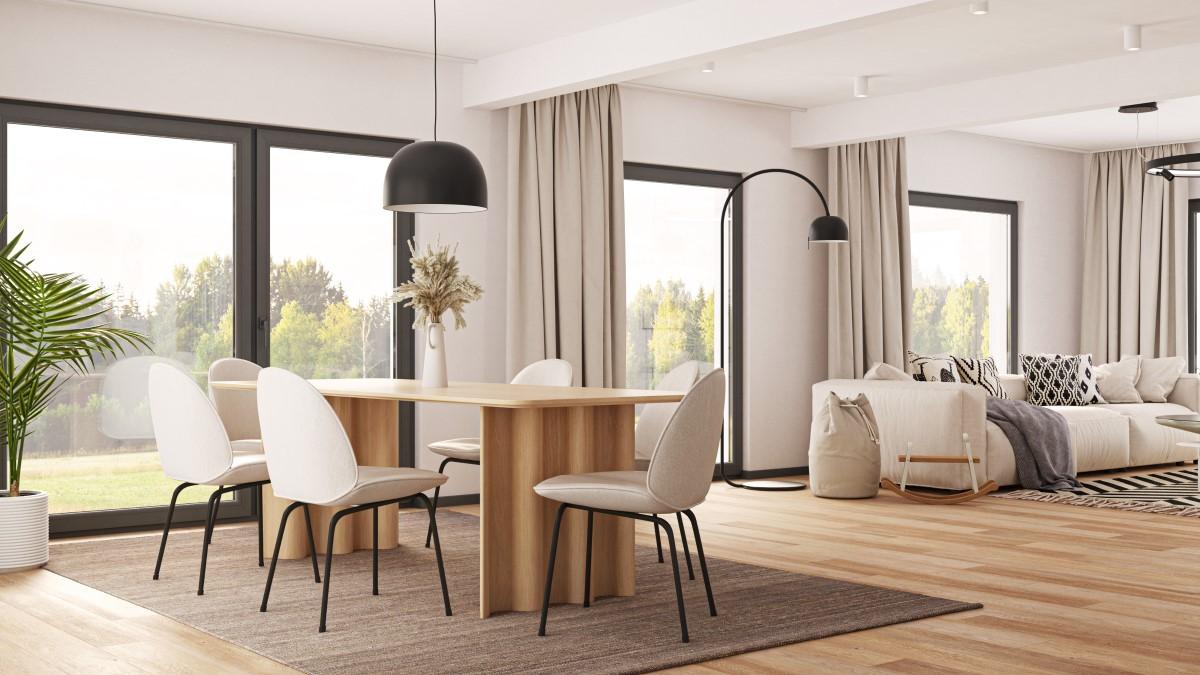 Otwarta przestrzeń strefy dziennej w kolorze białym, szarym i imitującym drewno