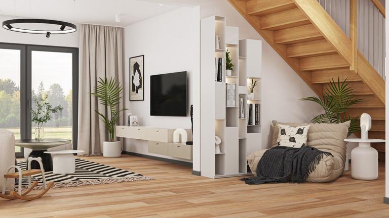 Otwarta przestrzeń strefy dziennej w kolorze białym, szarym i imitującym drewno