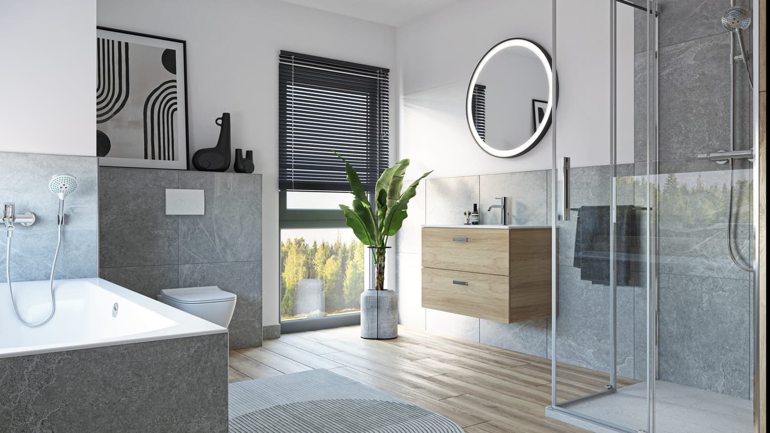 Minimalistyczna łazienka z białą i szarą paletą kolorów i drewnianymi detalami