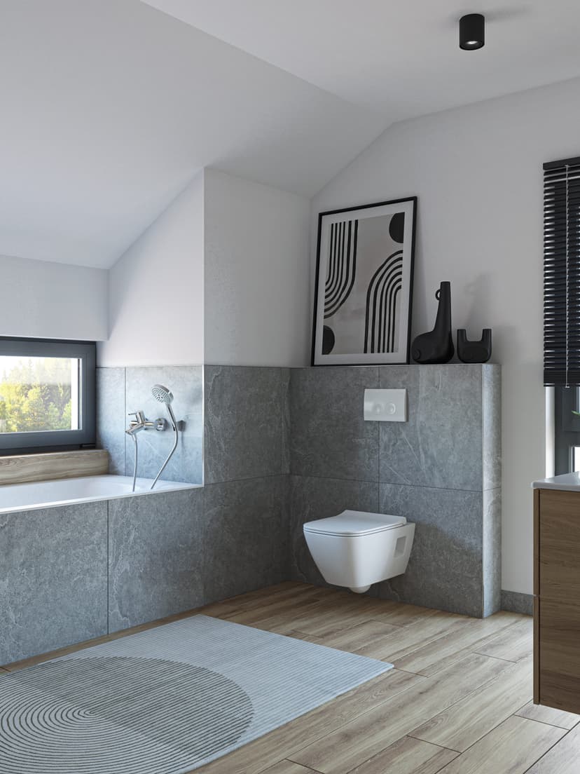 Minimalistyczna łazienka z białą i szarą paletą kolorów i drewnianymi detalami