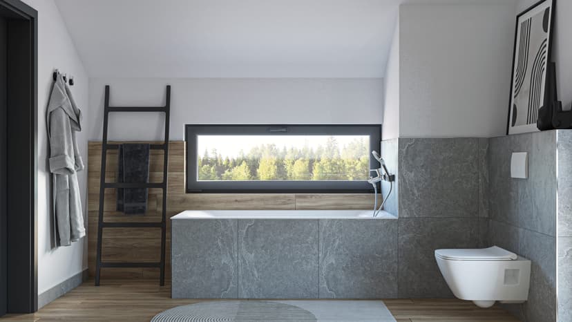 Minimalistyczna łazienka z białą i szarą paletą kolorów i drewnianymi detalami