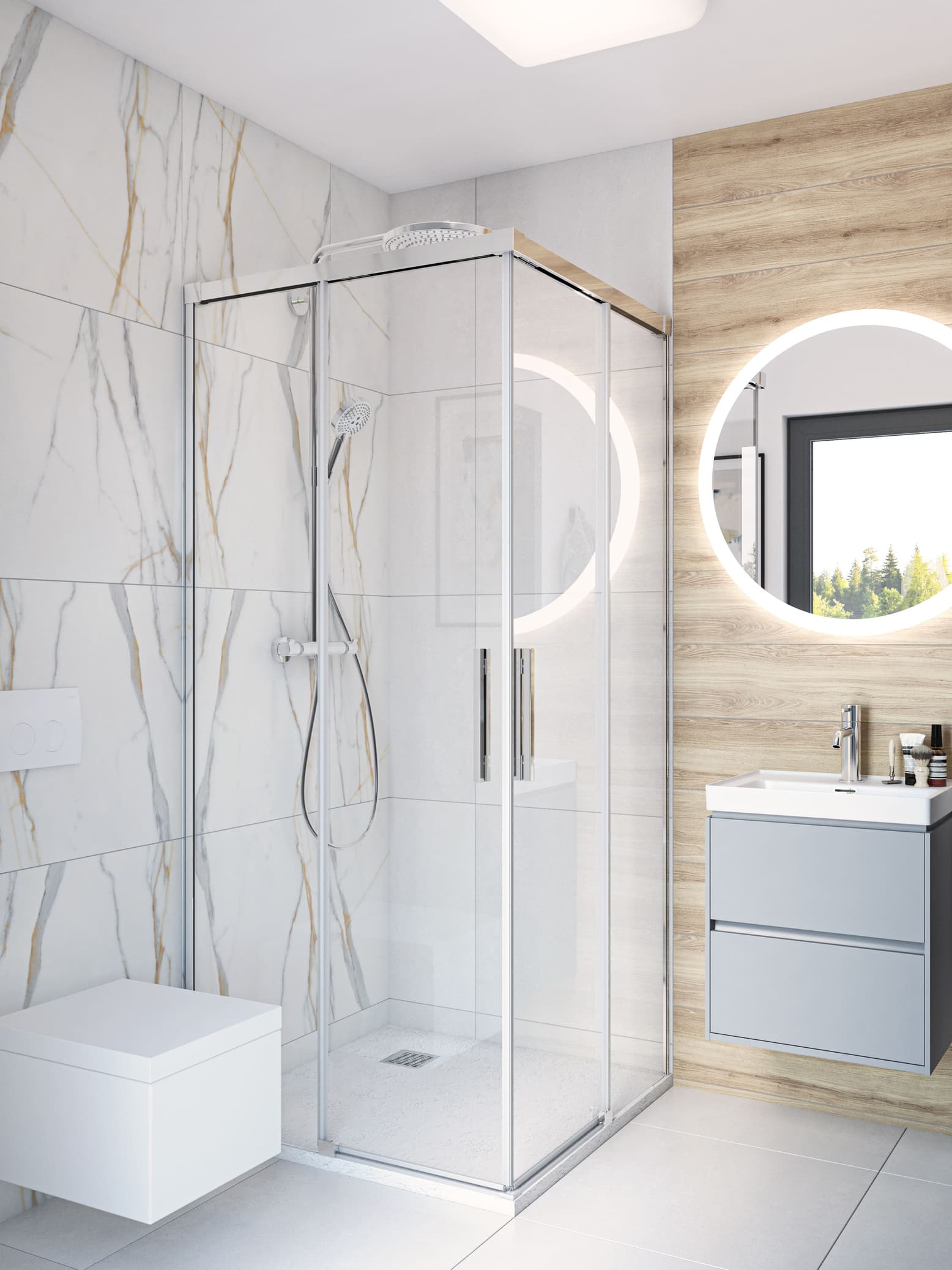 Nowoczesna łazienka z marmurowymi płytkami i elementami z naturalnego drewna