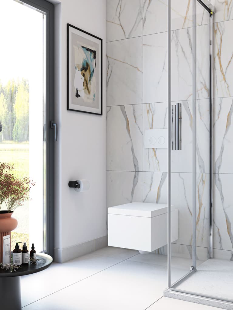 Nowoczesna łazienka z marmurowymi płytkami i elementami z naturalnego drewna