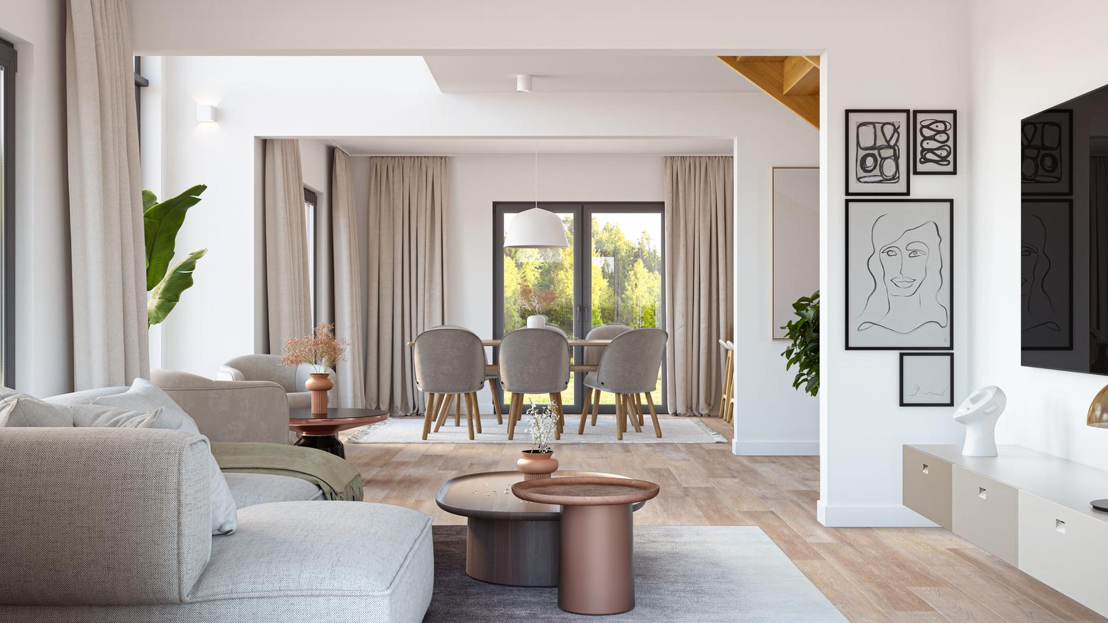 Jasny salon w kolorze białym i szarym z drewnianymi akcentami