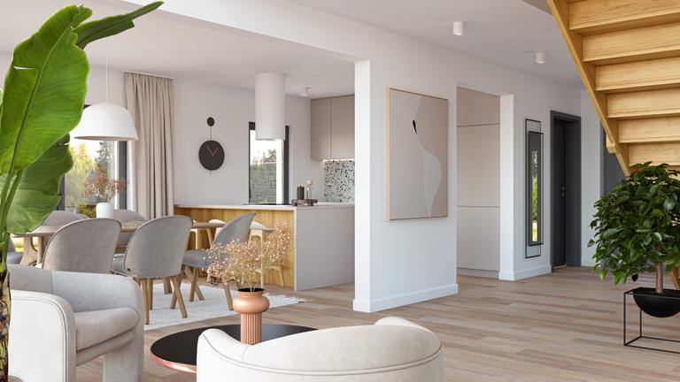 Jasny salon w kolorze białym i szarym z drewnianymi akcentami