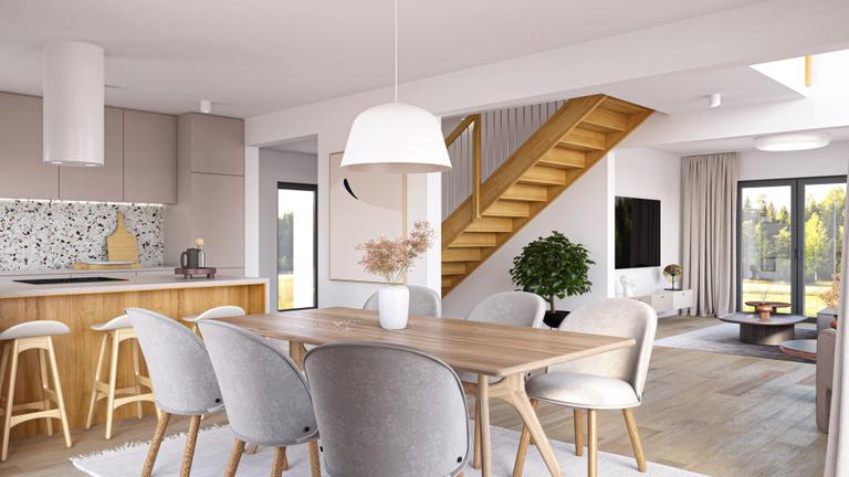 Jasna jadalnia w kolorze białym i szarym z drewnianymi akcentami