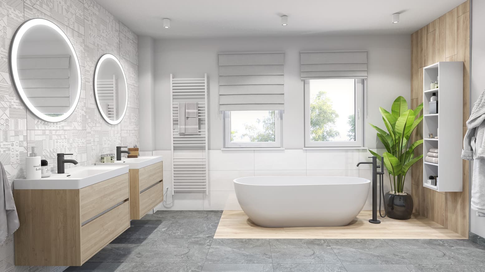 Biała łazienka z szarymi akcentami i naturalnym drewnem