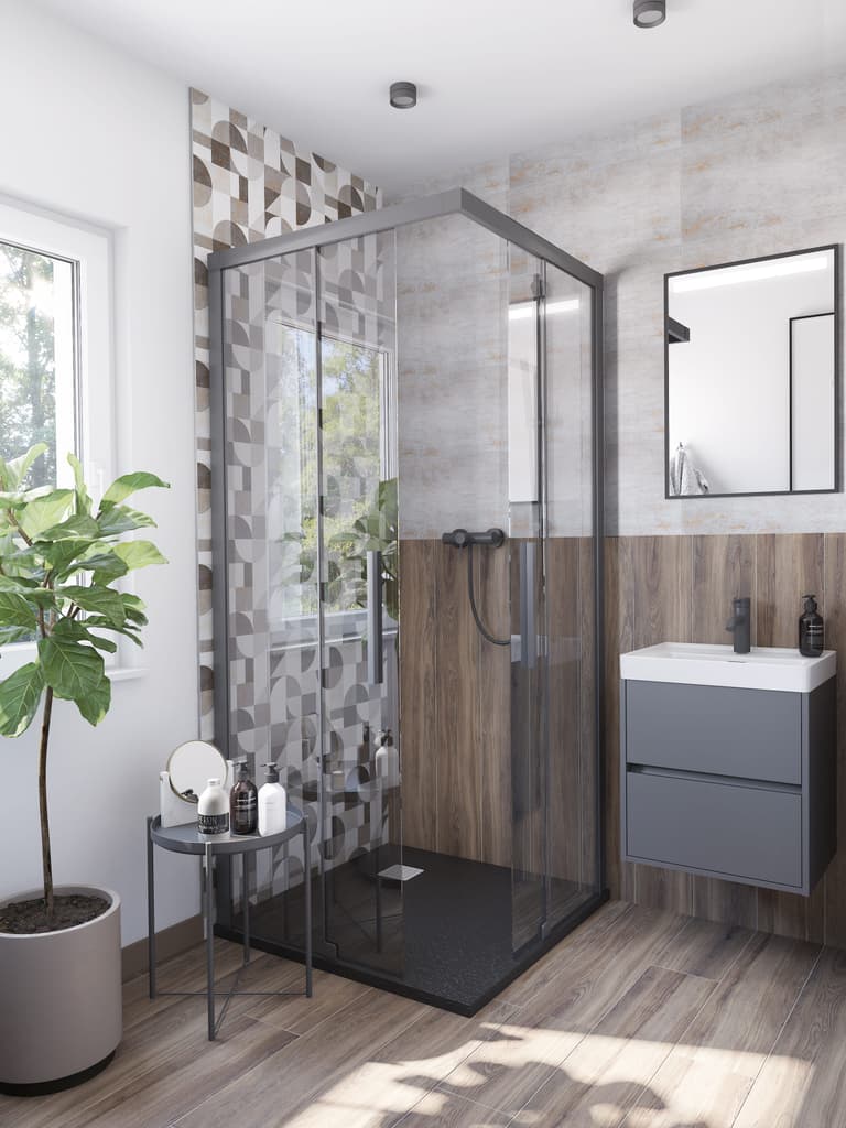 Łazienka w kolorze białym i brązowym z nowoczesnym wyposażeniem