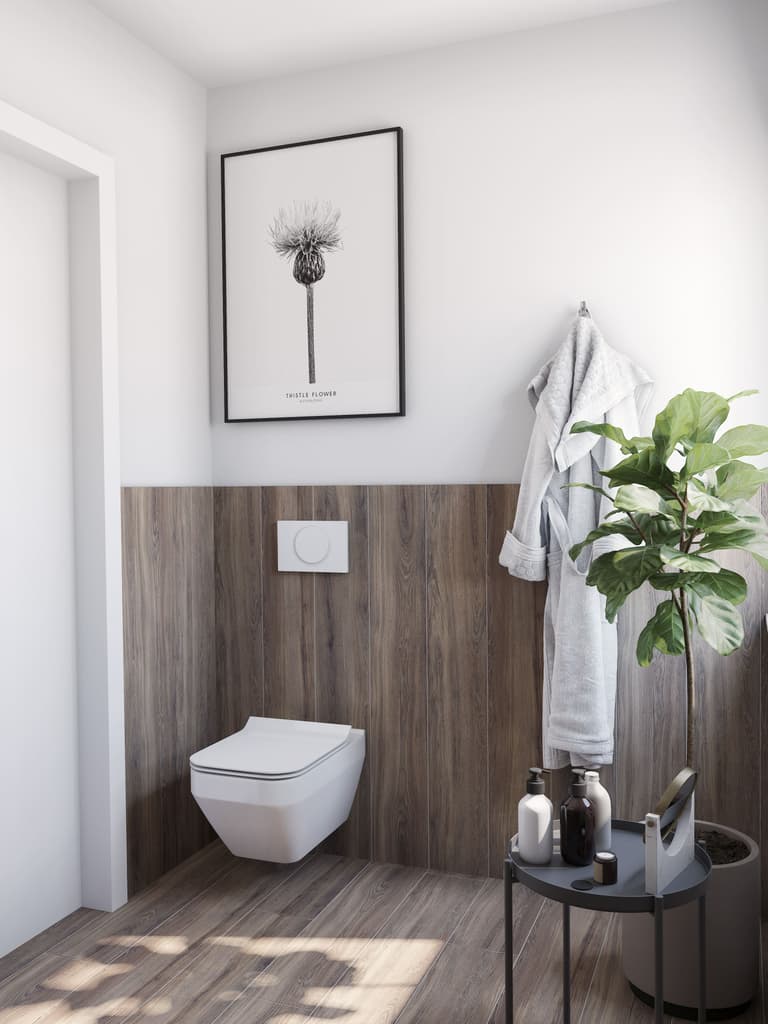 Łazienka w kolorze białym i brązowym z nowoczesnym wyposażeniem