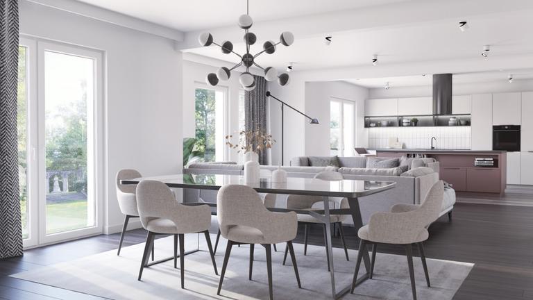 Nowoczesna jadalnia z minimalistycznym wyposażeniem i drewnianą podłogą