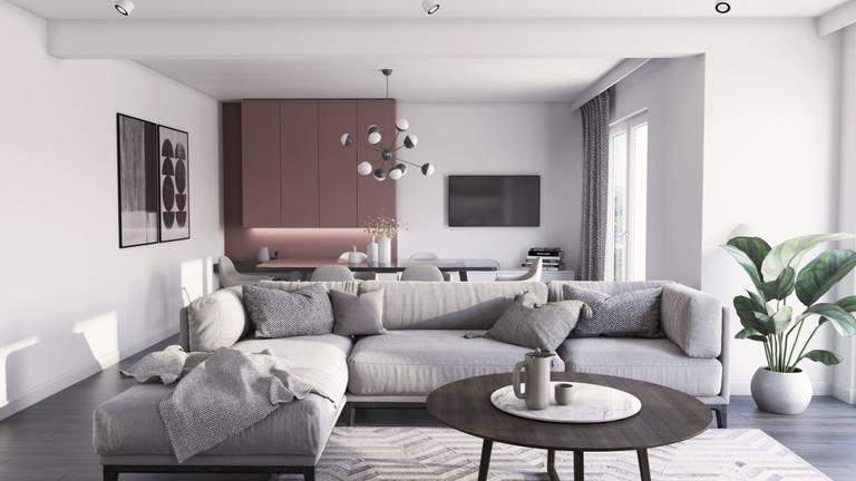 Nowoczesna jadalnia z minimalistycznym wyposażeniem i drewnianą podłogą