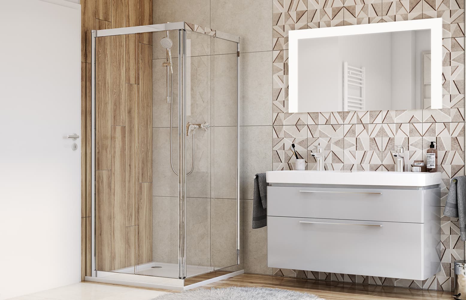 Łazienka z naturalnym oświetleniem i drewnianymi detalami