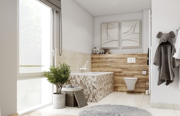 Łazienka z naturalnym oświetleniem i drewnianymi detalami