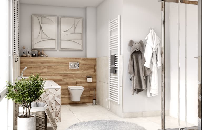 Łazienka z naturalnym oświetleniem i drewnianymi detalami