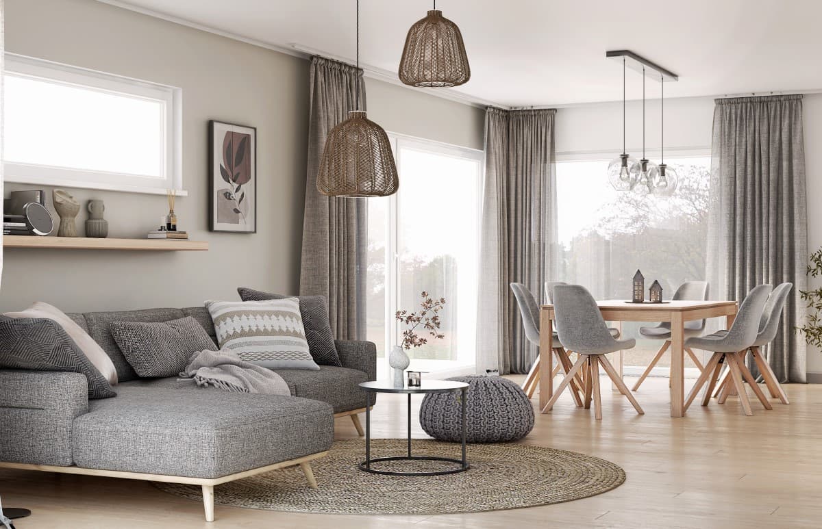 Strefa dzienna w jasnych kolorach i z odcieniami szarości, z dodatkiem drewnianych elementów