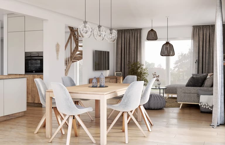 Strefa dzienna w jasnych kolorach i z odcieniami szarości, z dodatkiem drewnianych elementów