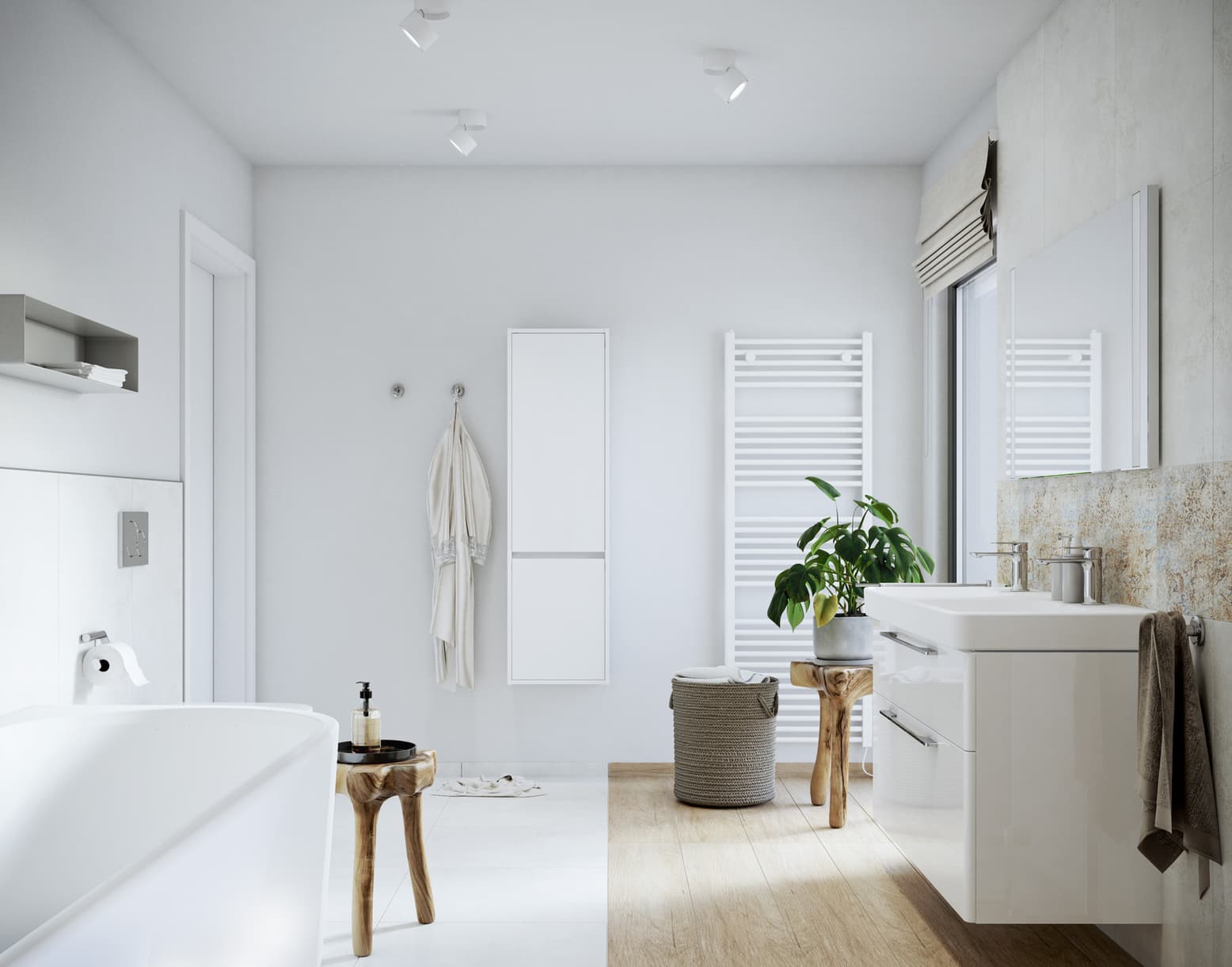 Jasna łazienka z oknem i naturalnym wystrojem drewnianym