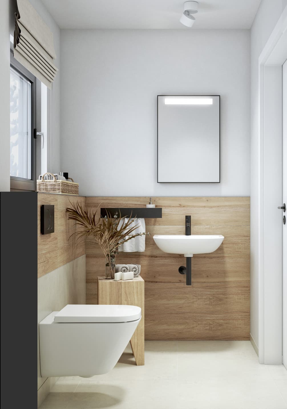 Łazienka inspirowana naturą, z ciepłymi odcieniami drewna