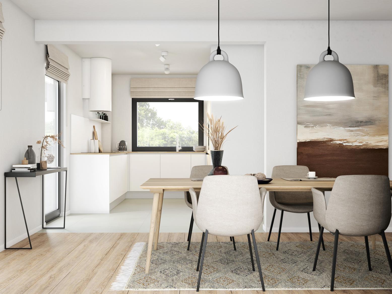 Nowoczesny salon i jadalnia z otwartą kuchnią w naturalnych kolorach