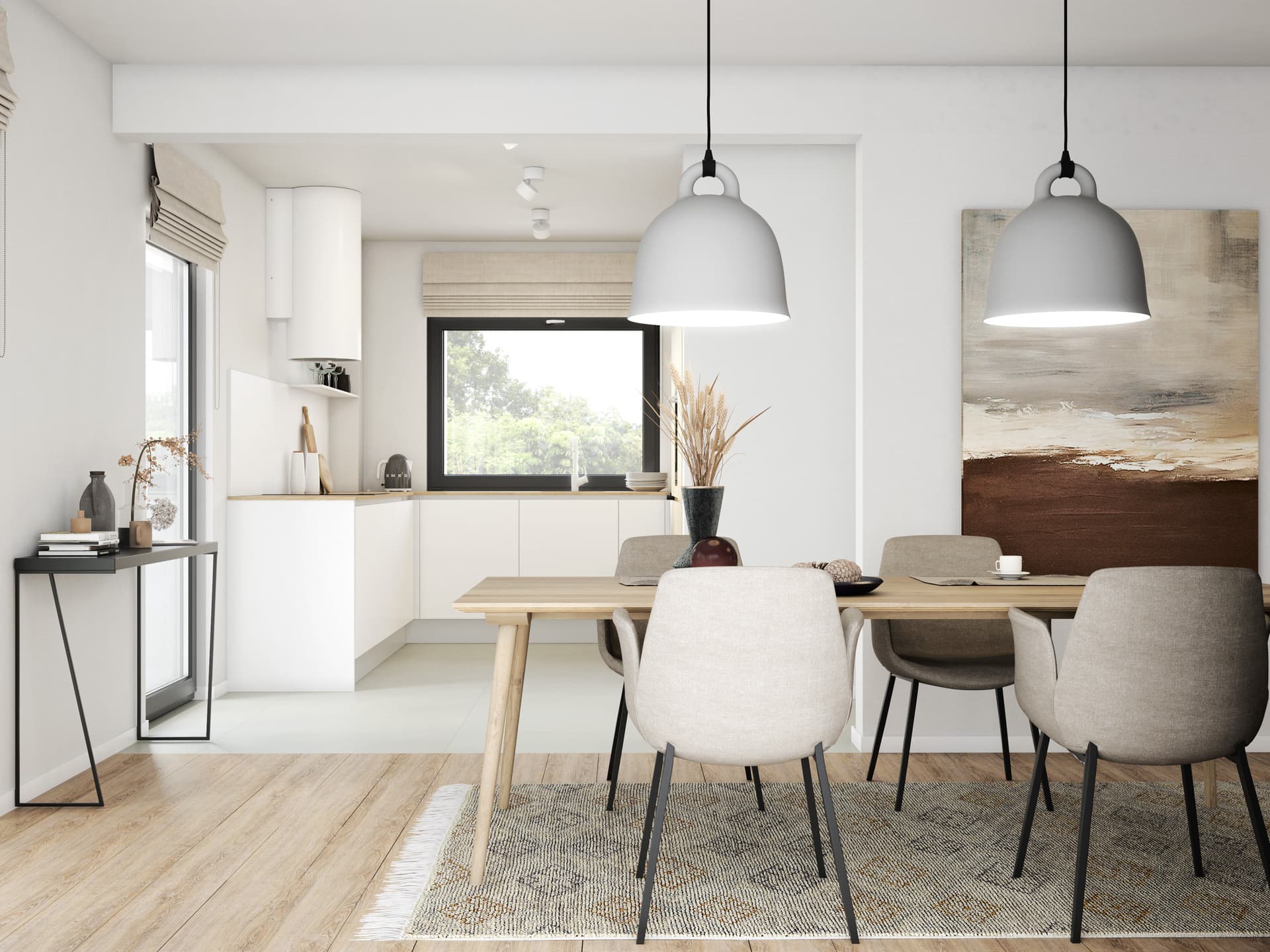 Nowoczesny salon i jadalnia z otwartą kuchnią w naturalnych kolorach