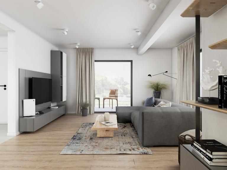 Nowoczesny salon i jadalnia z otwartą kuchnią w naturalnych kolorach