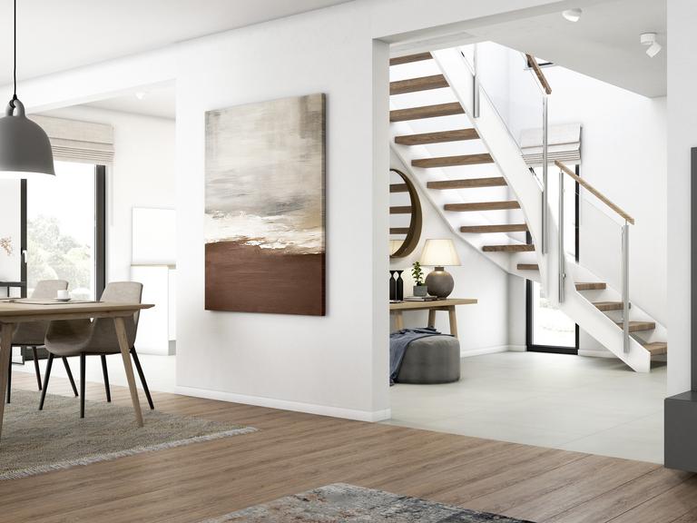 Nowoczesny salon i jadalnia z otwartą kuchnią w naturalnych kolorach