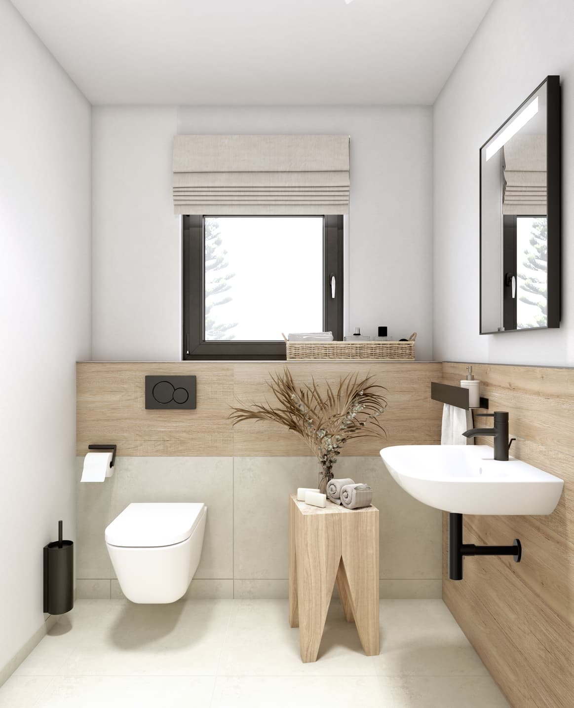 Łazienka inspirowana naturą, z ciepłymi odcieniami drewna