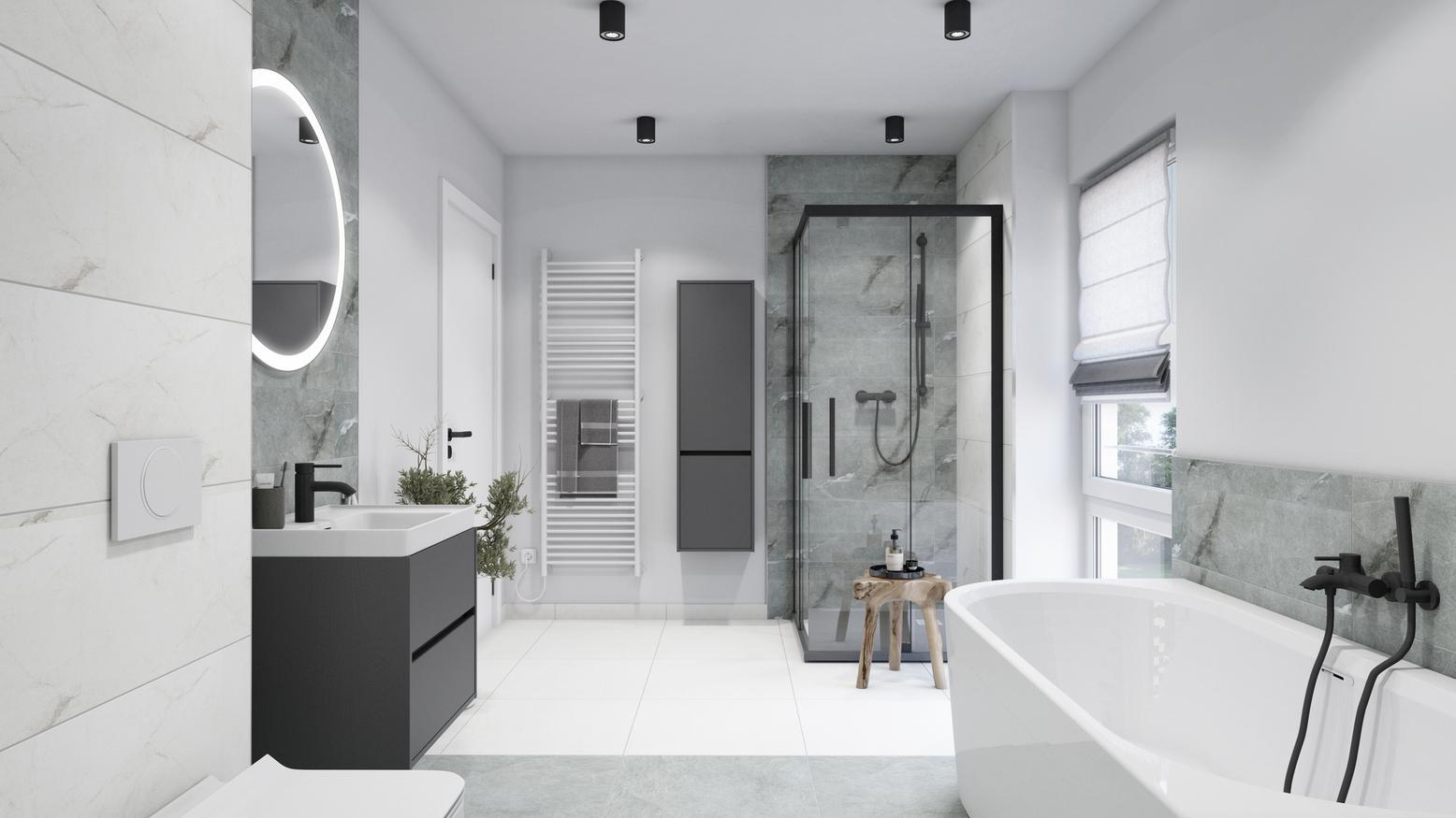 Nowoczesna łazienka w kolorze białym, szarym i czarnym
