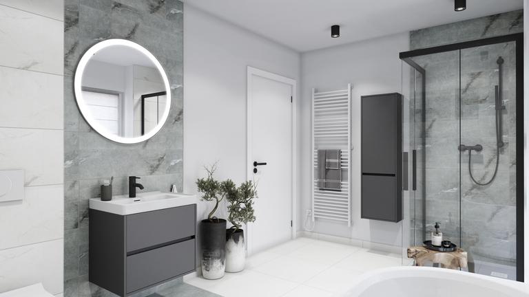 Nowoczesna łazienka w kolorze białym, szarym i czarnym
