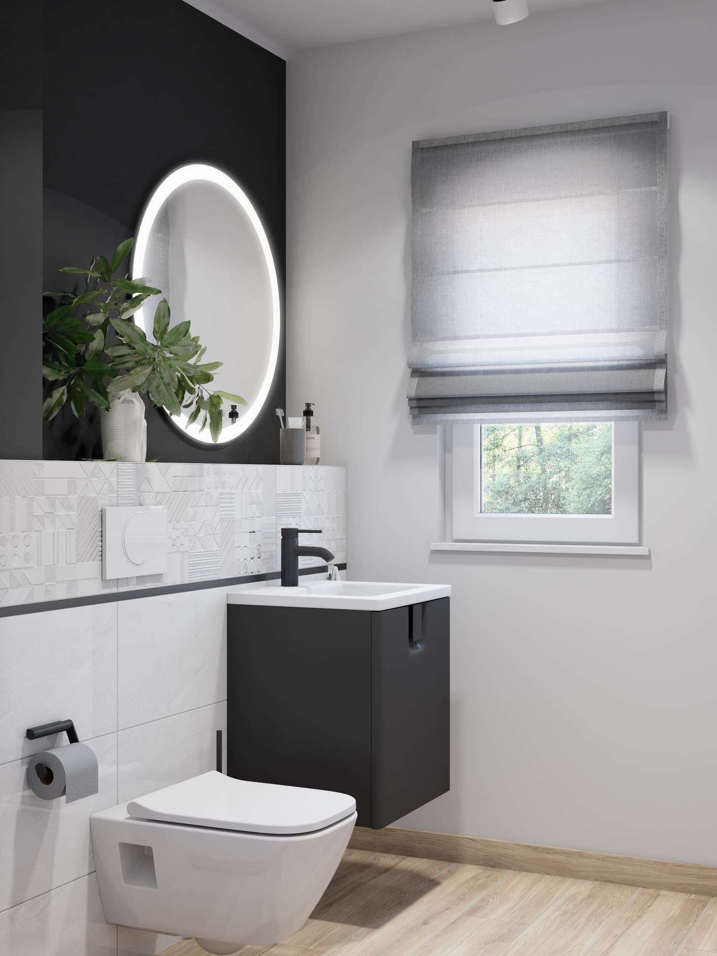 Nowoczesna łazienka w kolorze białym, szarym i czarnym