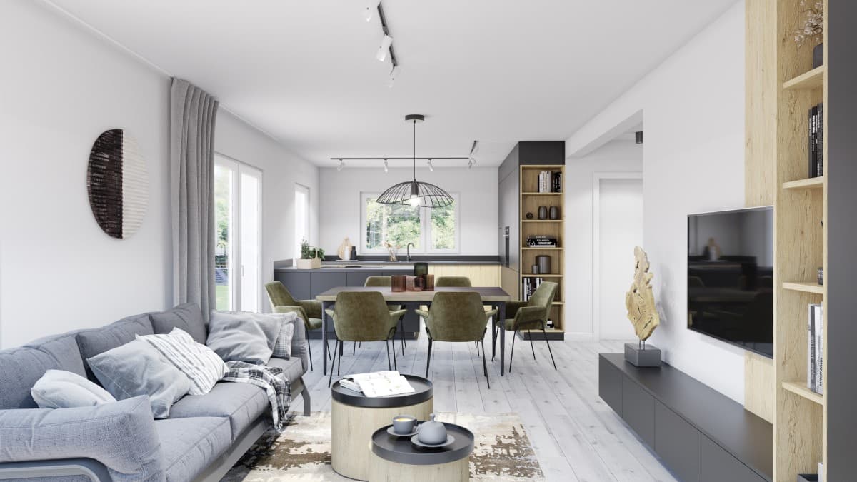 Otwarta strefa dzienna w kolorze białym, szarym i imitującym drewno