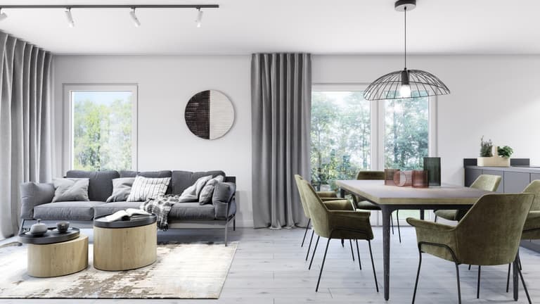 Otwarta strefa dzienna w kolorze białym, szarym i imitującym drewno