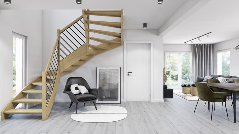 Otwarta strefa dzienna w kolorze białym, szarym i imitującym drewno