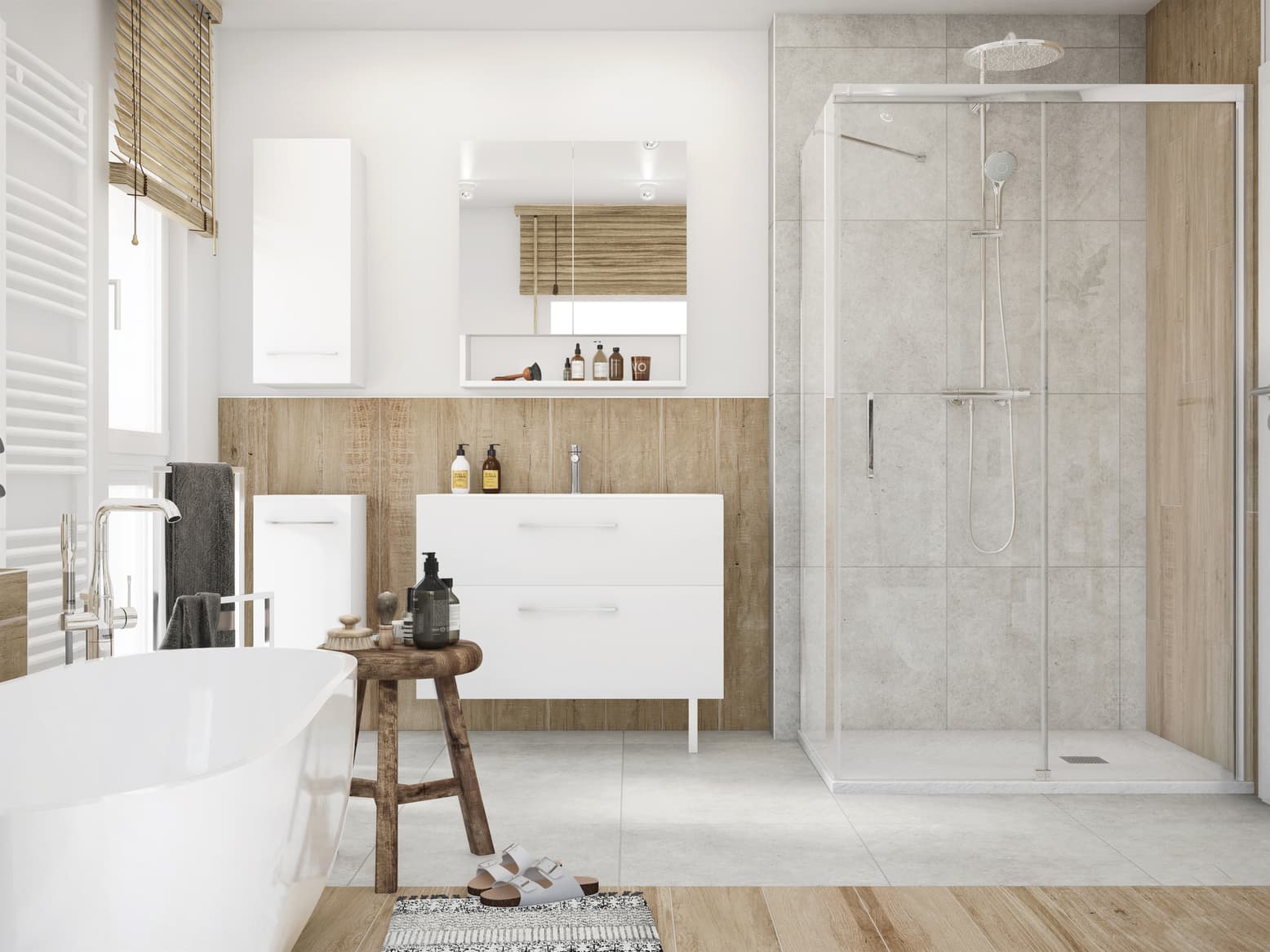 Łazienka w kolorze białym i brązowym z nowoczesnym wyposażeniem