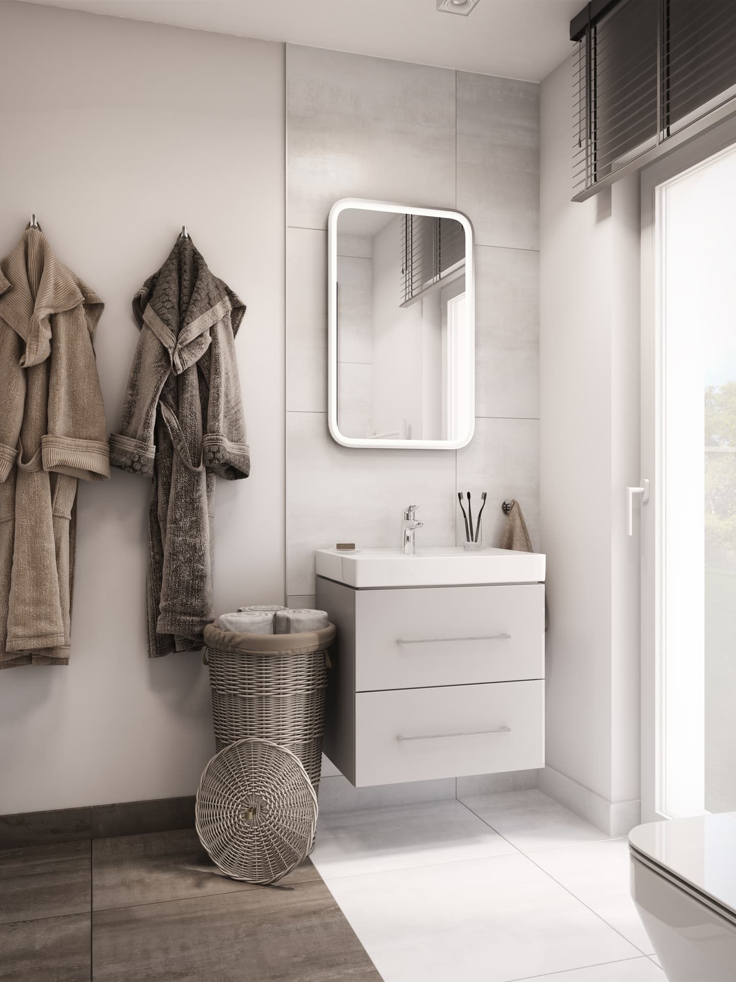 Brązowo-biała łazienka z elementami w kolorze naturalnego drewna.